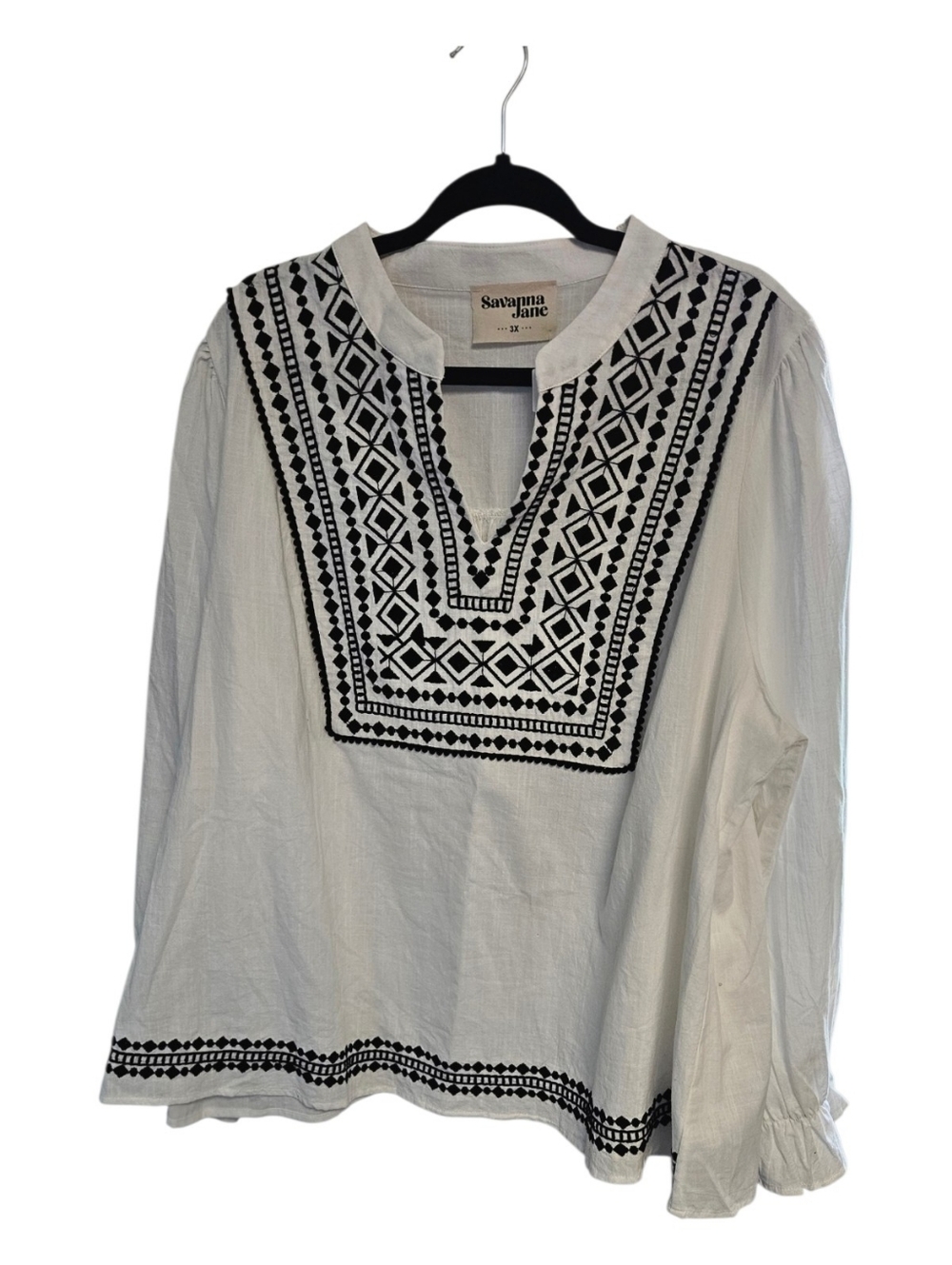 Savanna Jane White Blouse with Black Geometric Embroidery